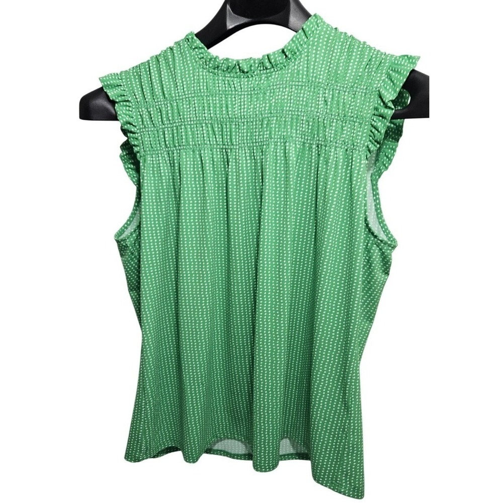 Adrianna Papell Green Polka Dot‎ Smocked Ruffle Neck Sleeveless Blouse XL